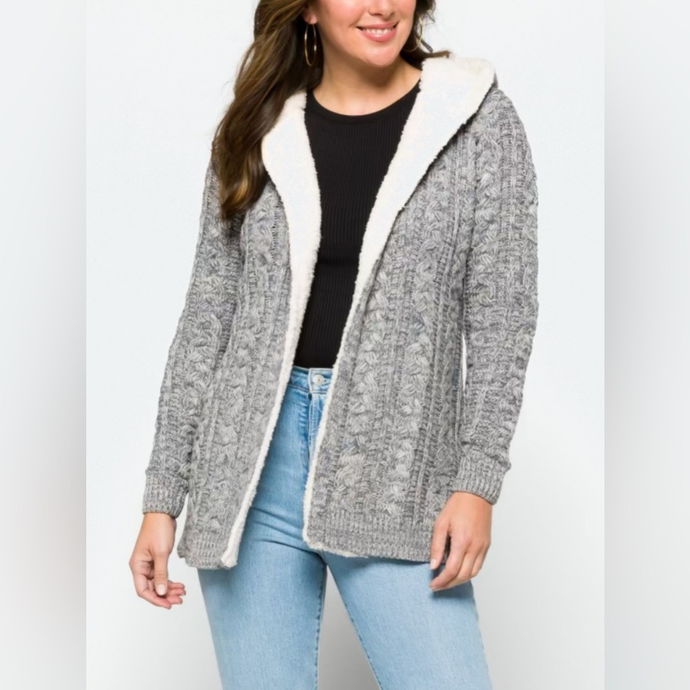 Let & Me Helsa Sherpa Trim Gray Women's Hooded Cardigan